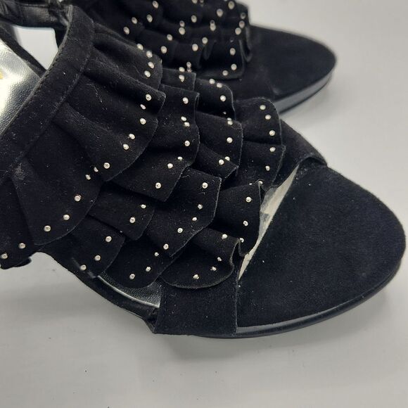 BCBG Paris Black leather upper ruffle metal silver studs Ankle strap stilettos - Picture 3 of 8